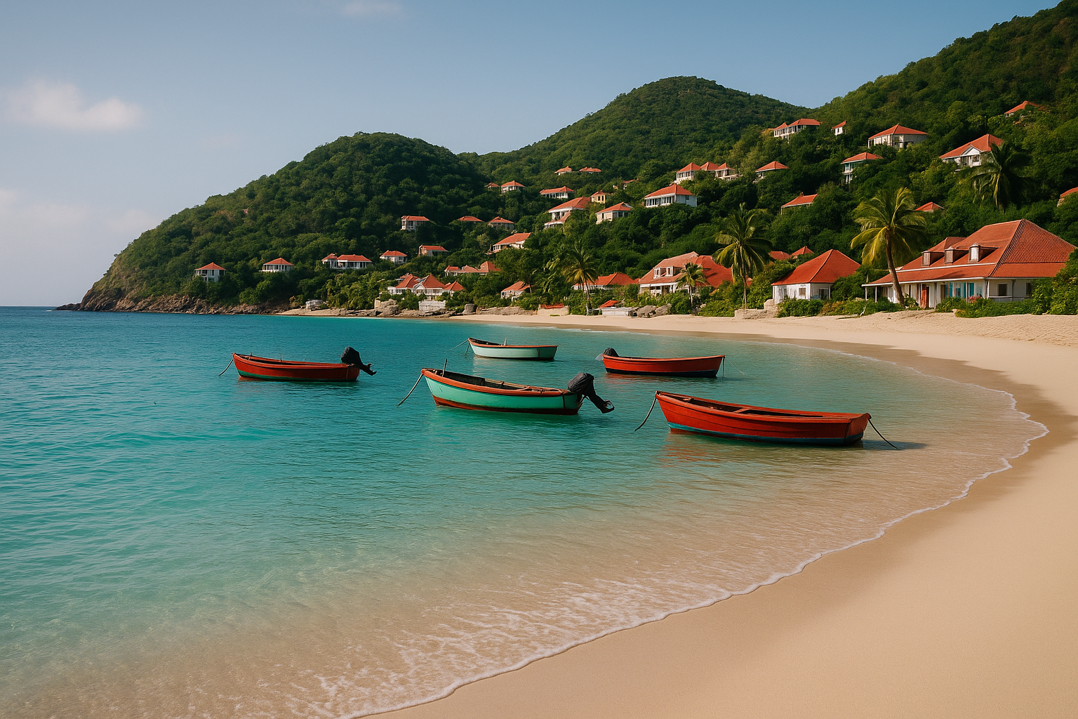Turquoise water and white sand beach at Flamands Bay, St. Barths, with lush green hillside in the background