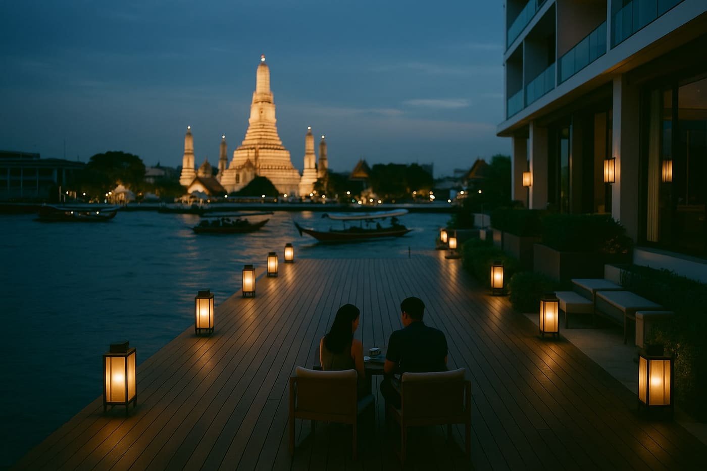 Capella Bangkok riverside terrace at dusk over the Chao Phraya