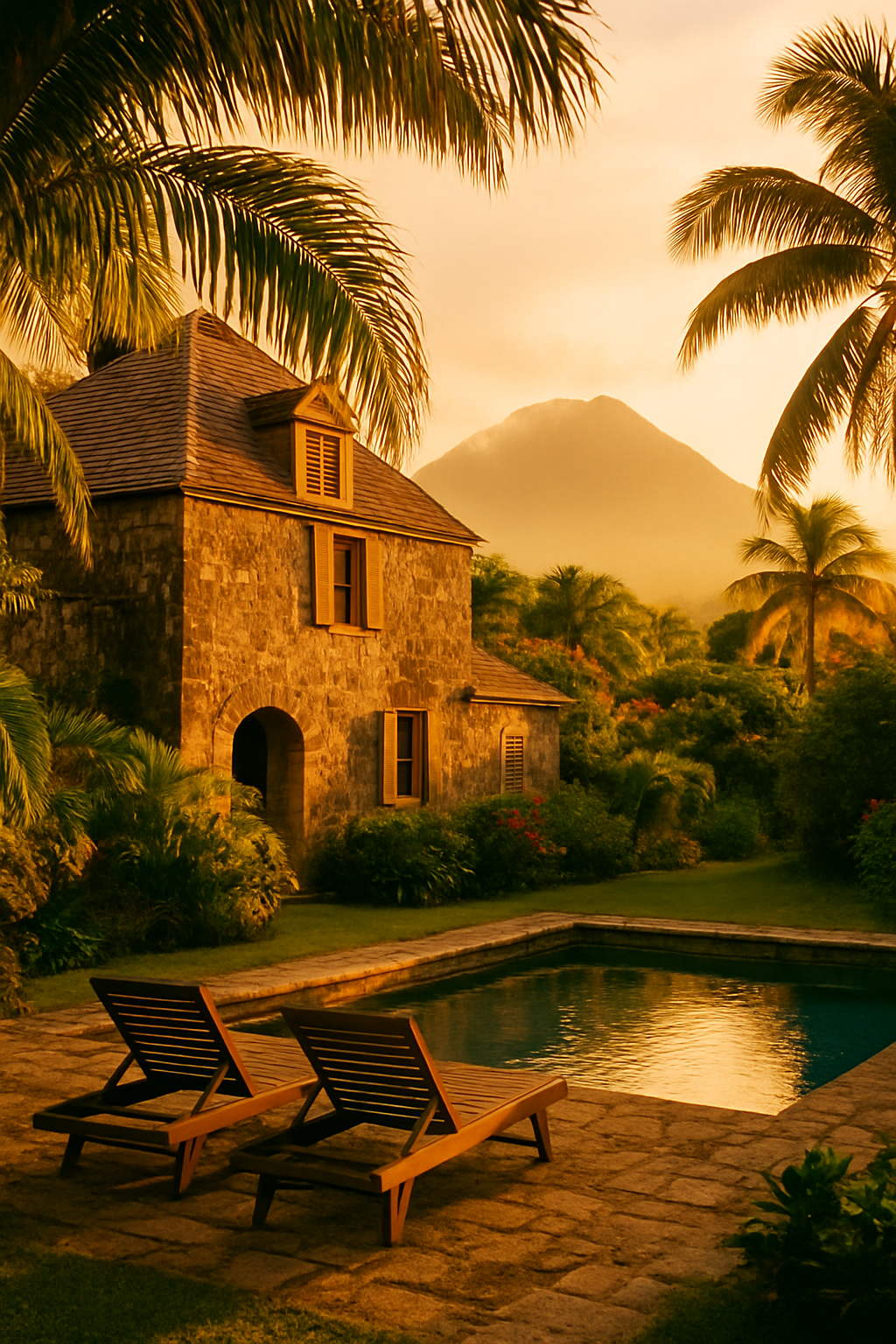 Colonial stone plantation estate at golden hour on Nevis, lush tropical gardens, Nevis Peak volcano visible in the distance