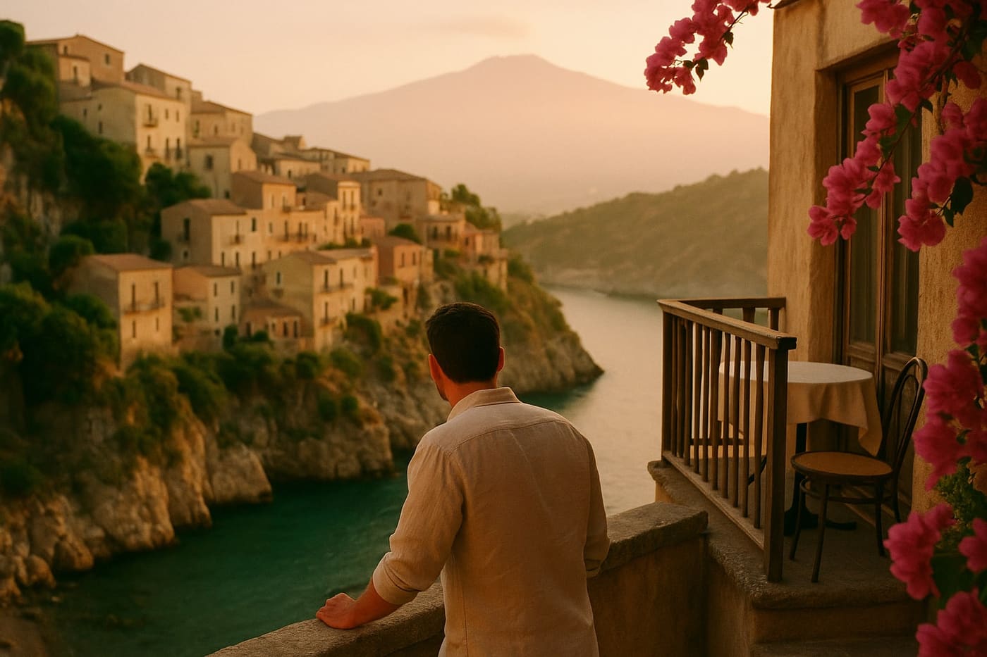 Clifftop village overlooking the Ionian Sea at golden hour, Sicily
