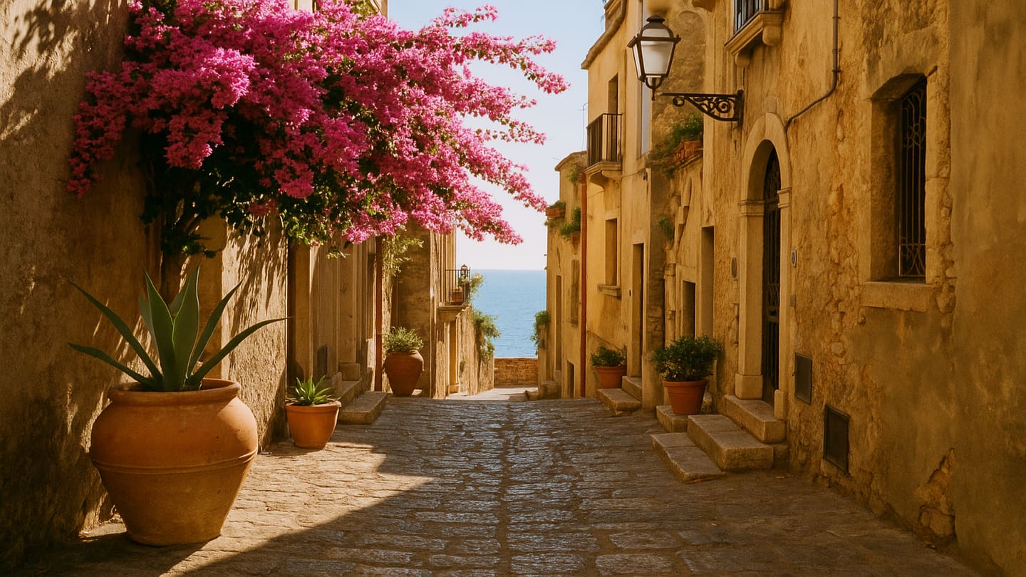 Clifftop village overlooking the Ionian Sea at golden hour, Sicily