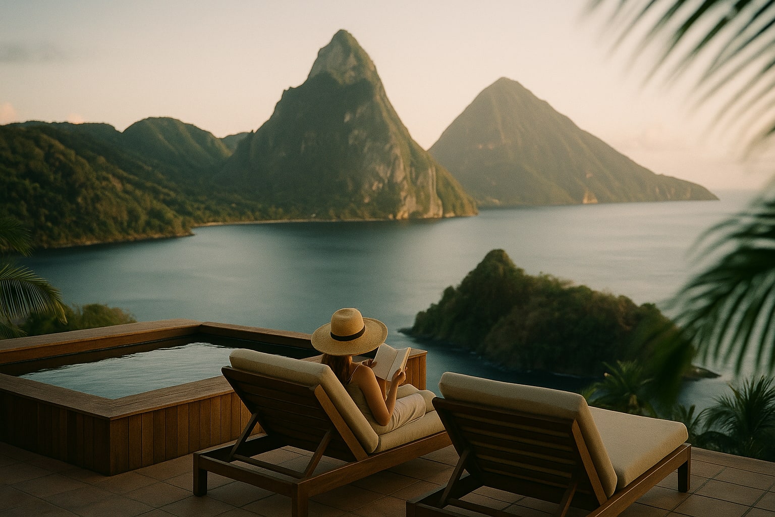 The twin Piton peaks rising from the Caribbean Sea in St. Lucia, seen from the water at golden hour
