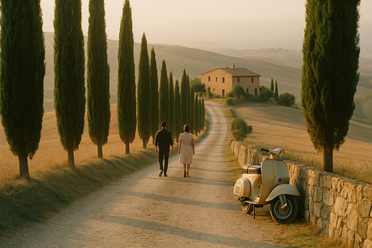 Cypress tree-lined lane winding through golden Val d'Orcia hills, Tuscany