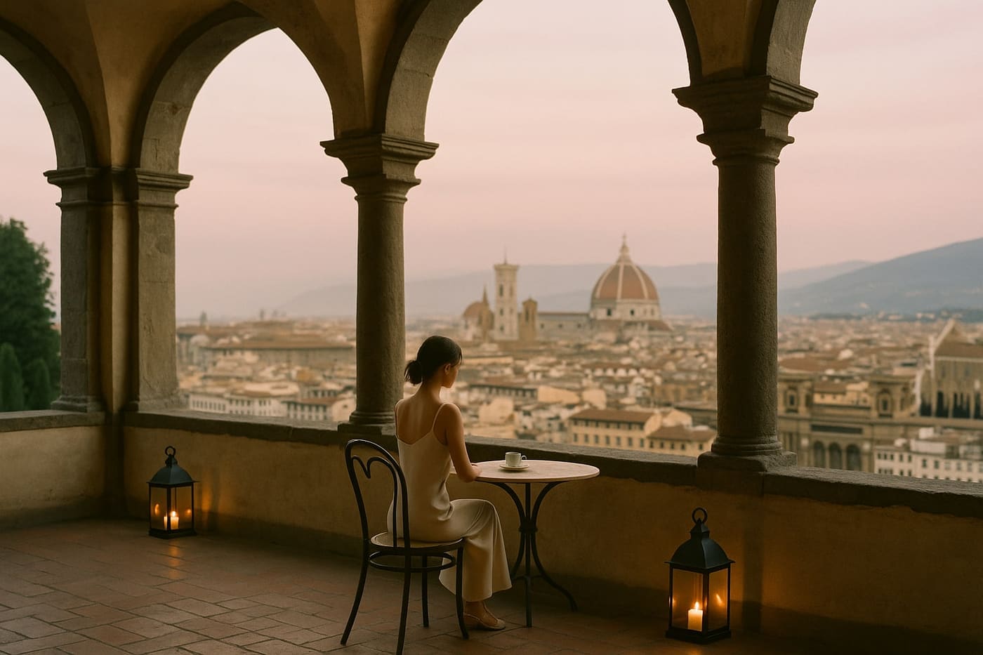 Villa San Michele loggia at sunrise overlooking the Florence valley