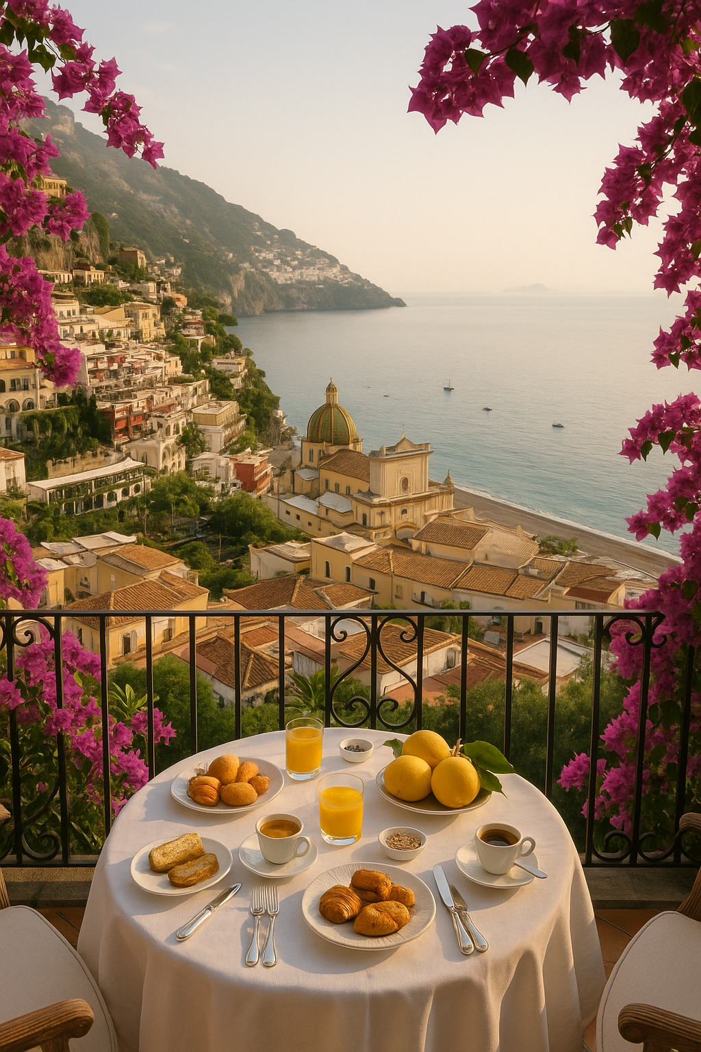 Terrace view over Positano bay from Le Sirenuse at golden hour