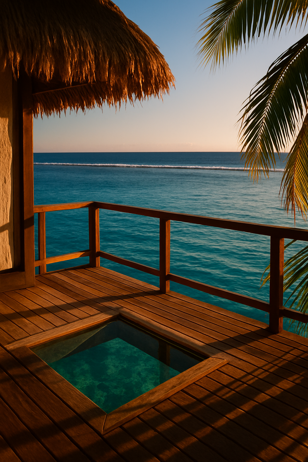 Overwater bungalow deck at Likuliku Lagoon Resort, Fiji, overlooking a turquoise Pacific lagoon at golden hour